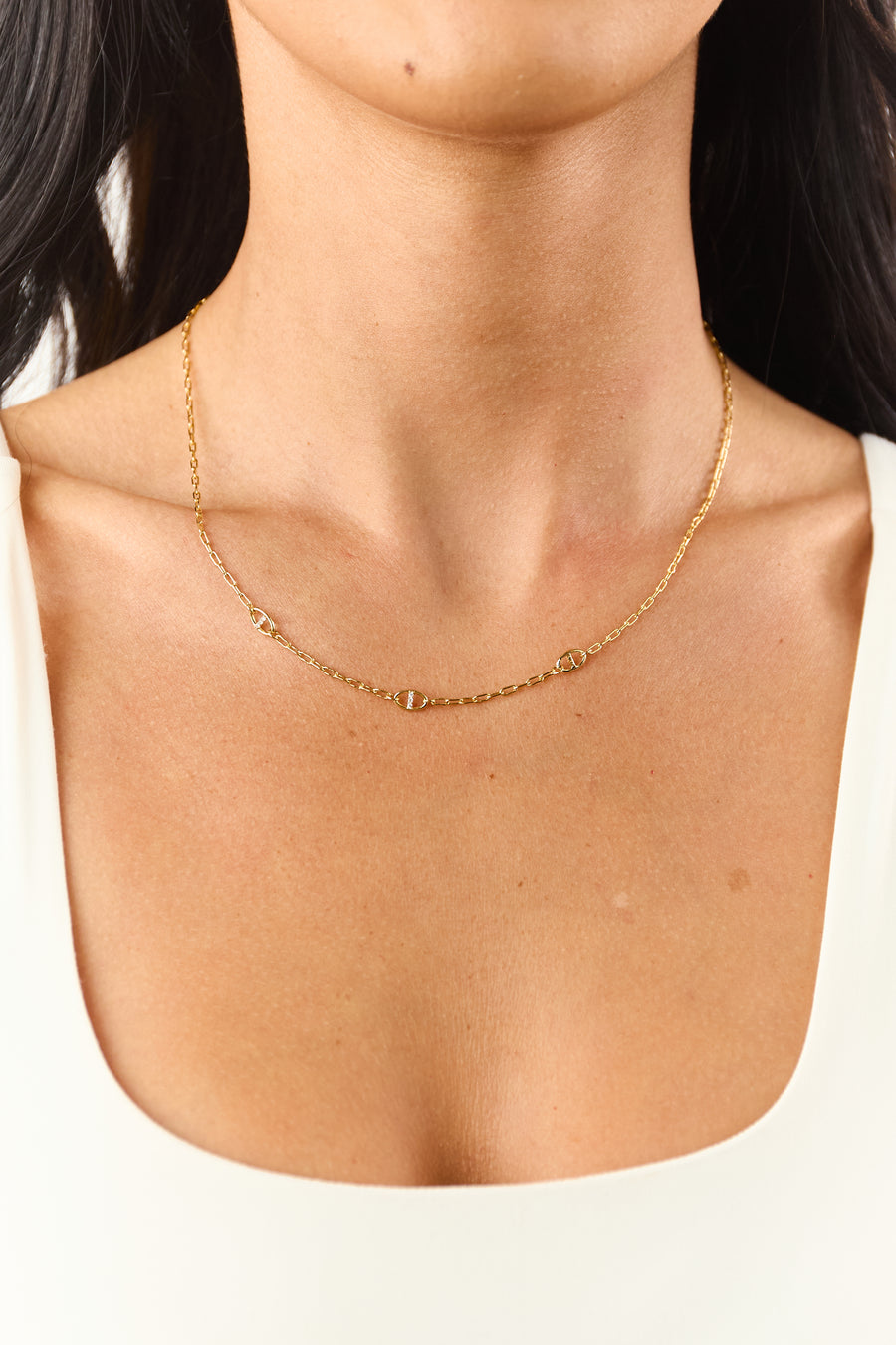 Gold Metallic Rhinestone Link Charm Necklace