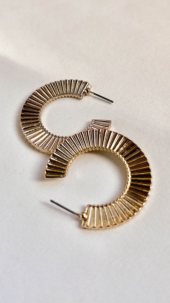 Gold Metallic Textured Fan Hoop Earrings