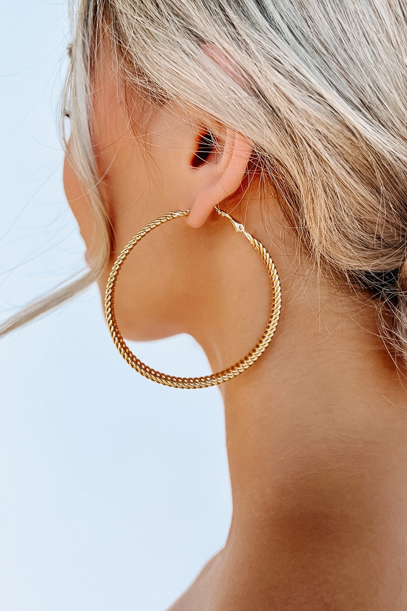 Gold Metallic Textured Large Hoop Earrings