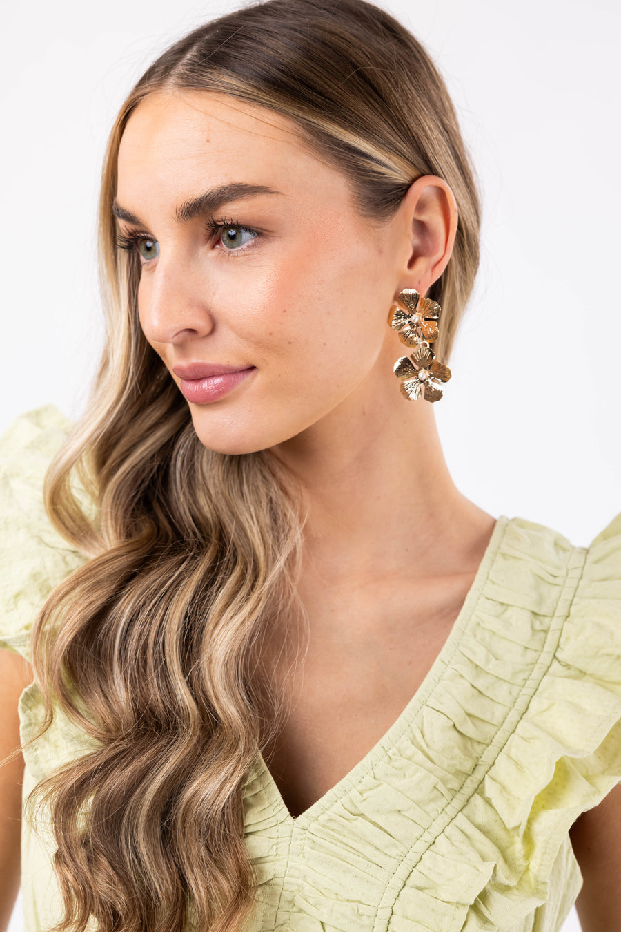Gold Metallic Twin Flower Drop Earrings