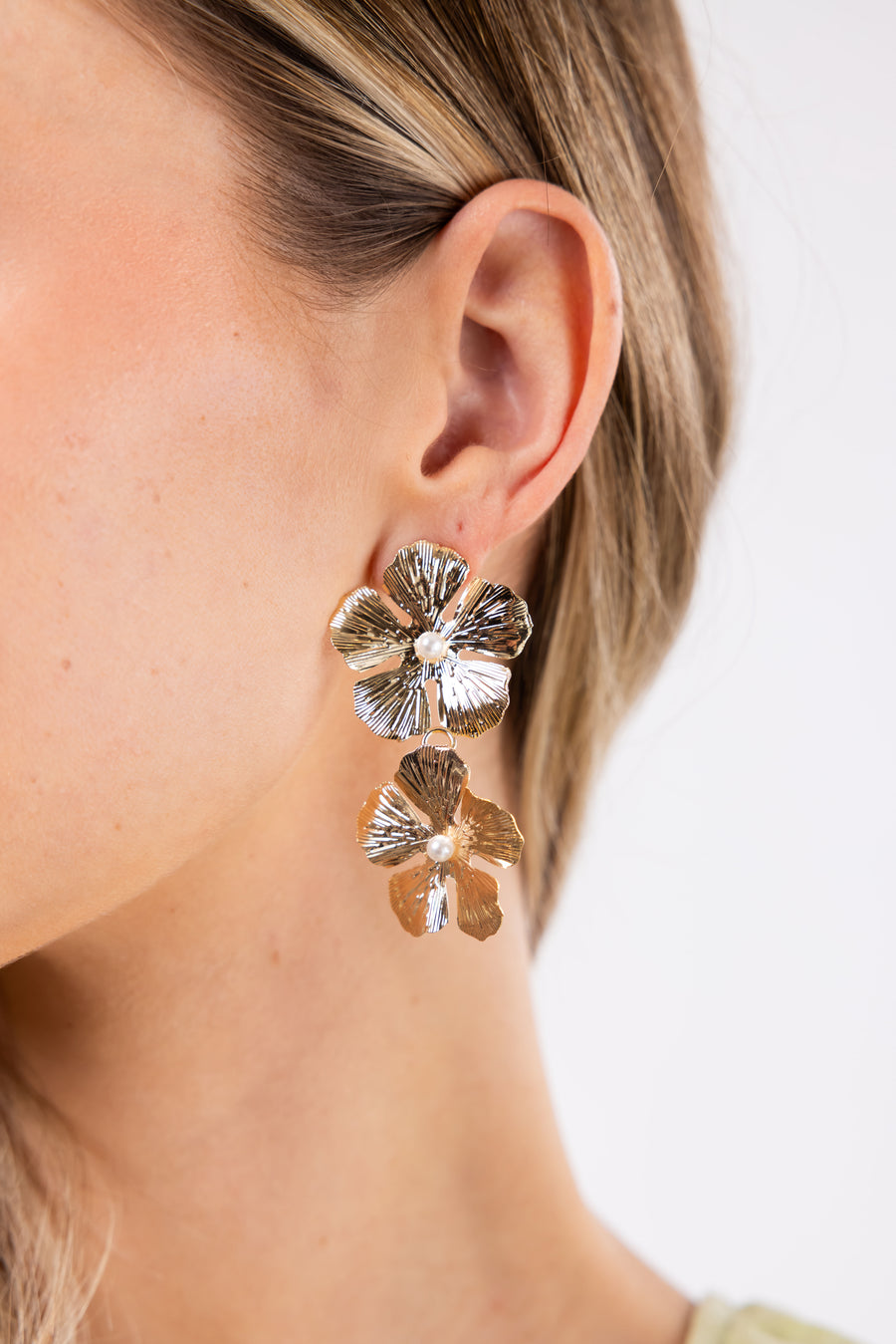 Gold Metallic Twin Flower Drop Earrings