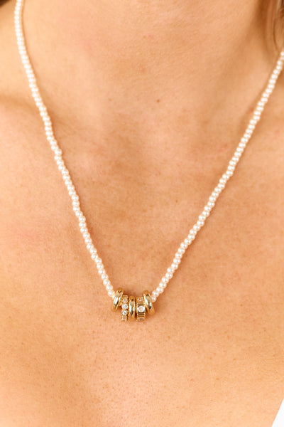 Gold Mixed Ring Charm Pearl Beaded Necklace