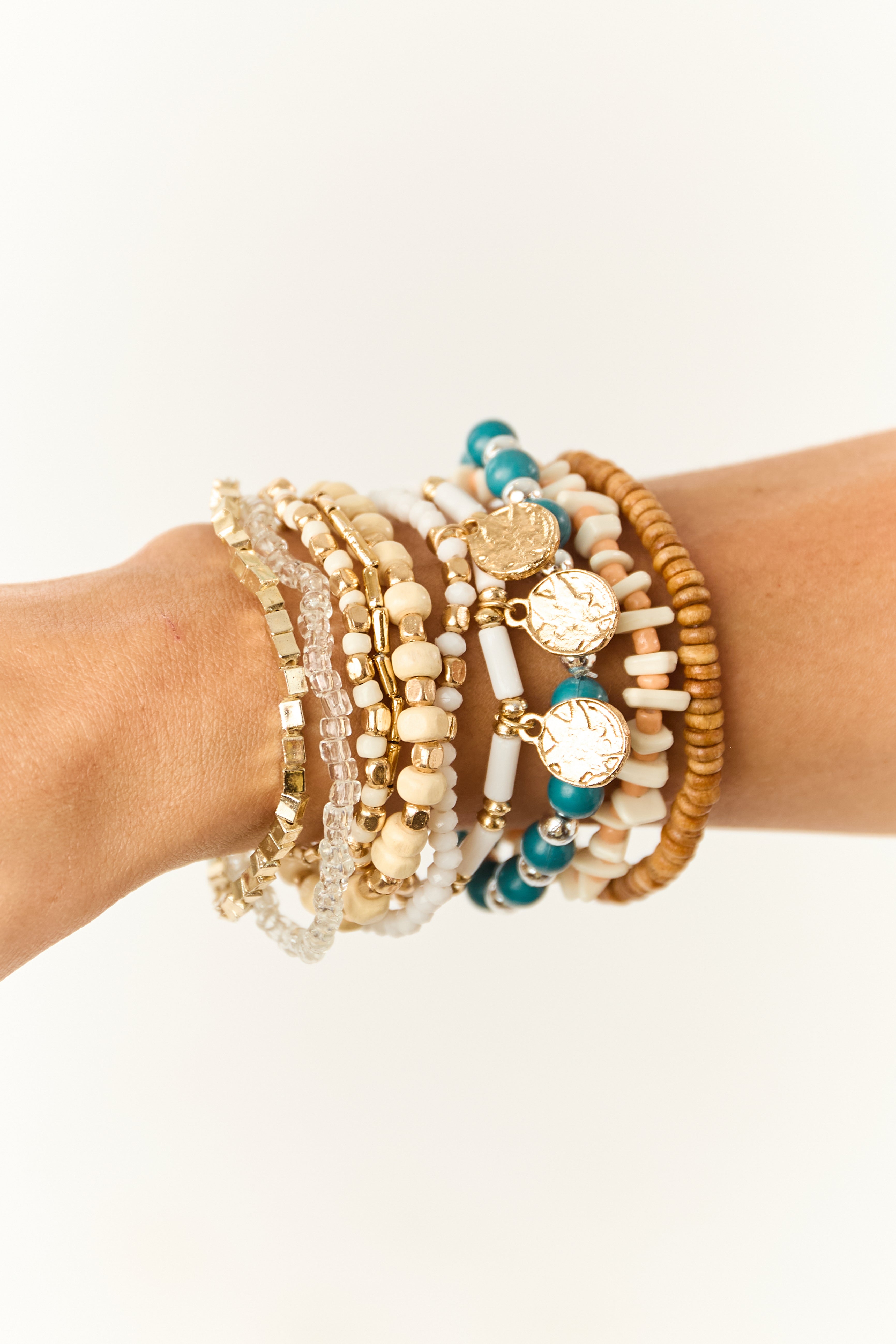 Gold Multi Style Bead Coin Bracelet Set