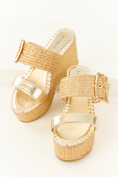 Gold Open Toe Raffia Buckle Platform Wedges