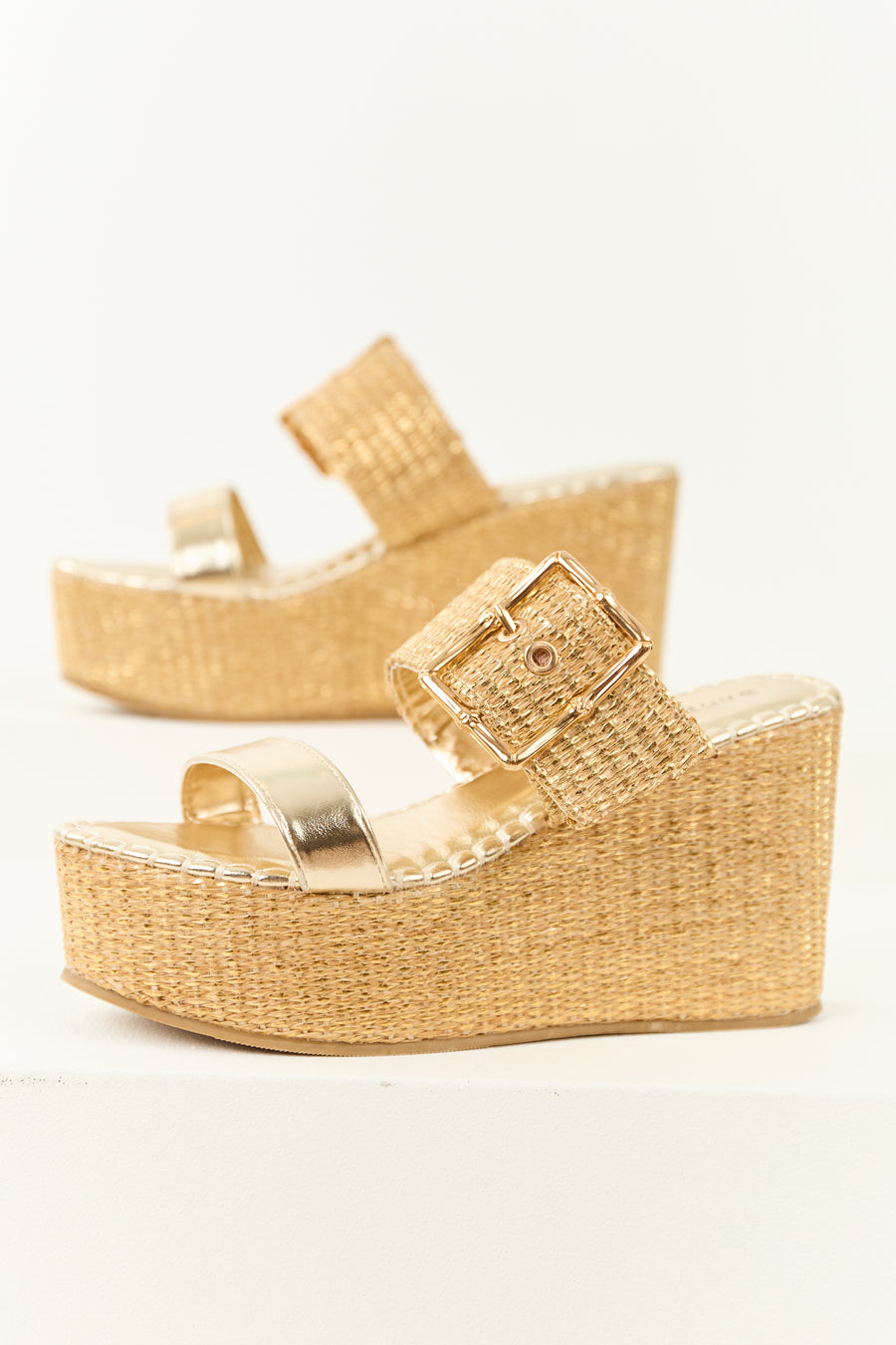 Gold Open Toe Raffia Buckle Platform Wedges