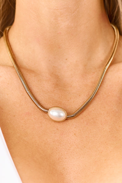Gold Pearl Pendant Snake Chain Necklace