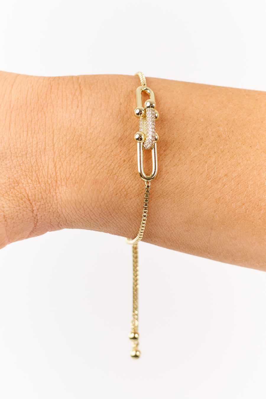 Gold Rhinestone Link Pendant Box Chain Bracelet