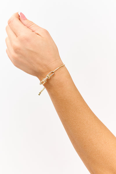 Gold Rhinestone Link Pendant Box Chain Bracelet