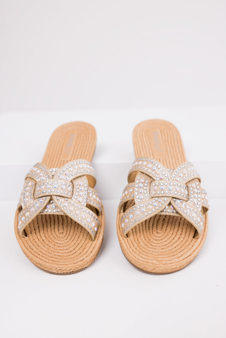 Gold Rhinestone Twisted Strap Sandals