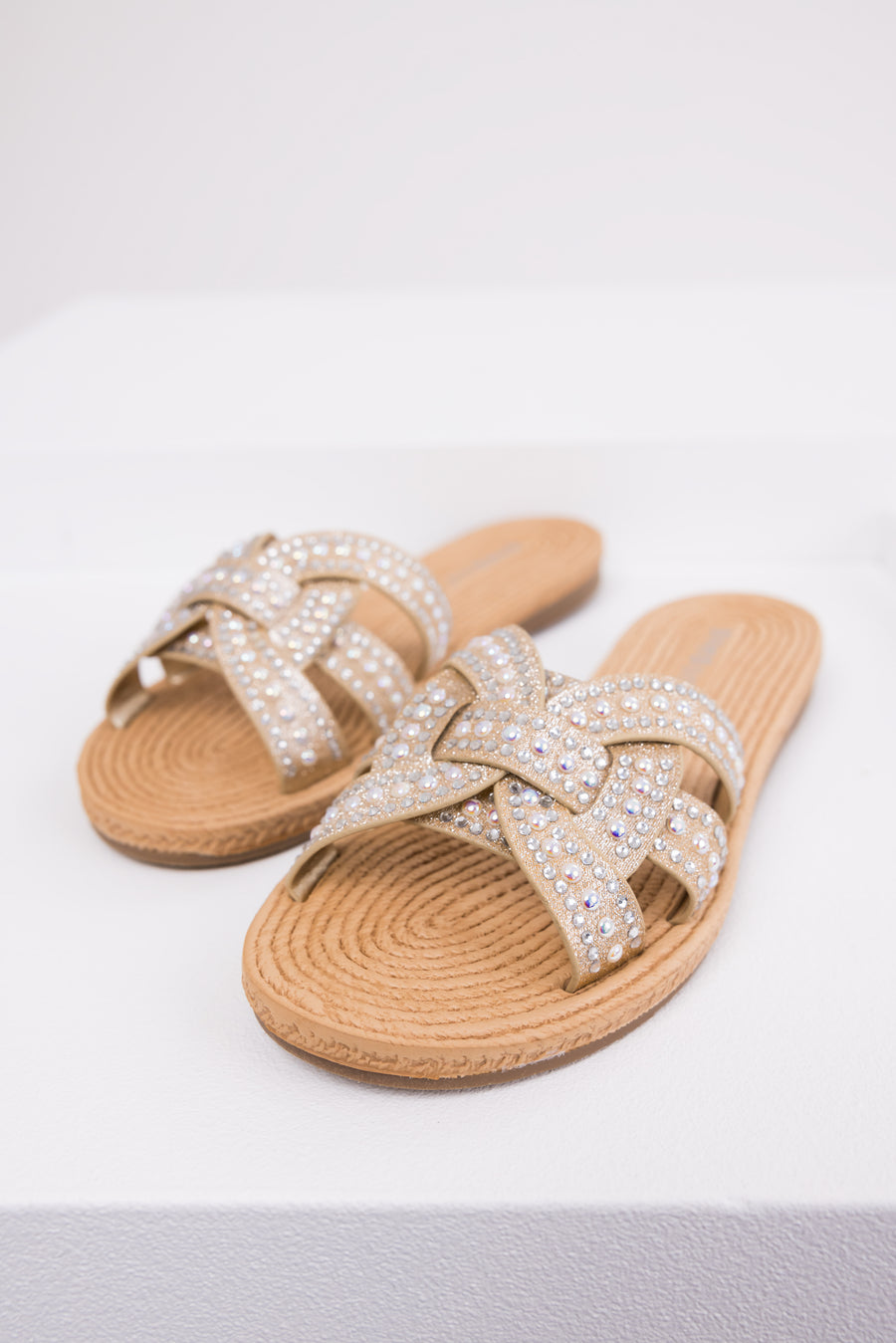 Gold Rhinestone Twisted Strap Sandals