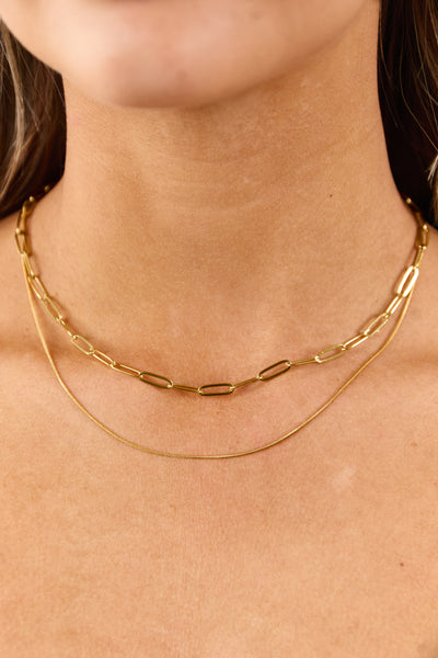 Gold Stainless Steel Paperclip Chain Layered Necklace