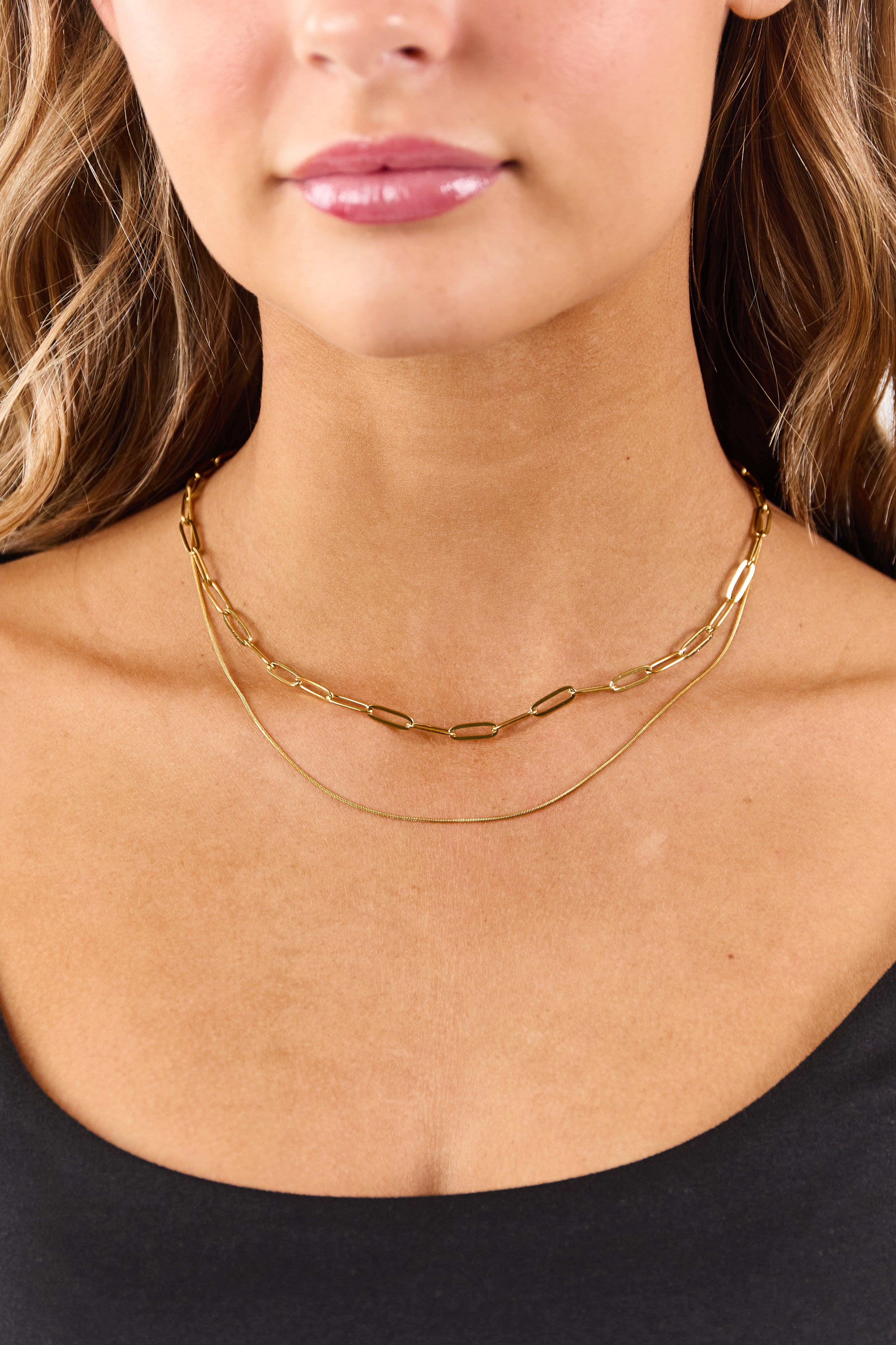 Gold Stainless Steel Paperclip Chain Layered Necklace