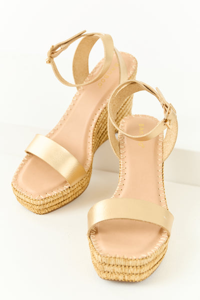 Gold Strap Open Toe Raffia Platform Wedges