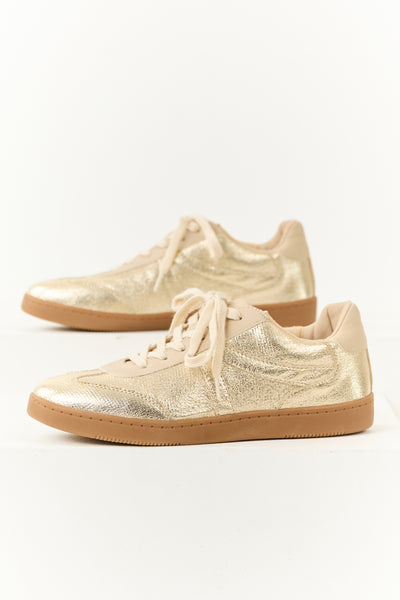 Gold and Beige Lace Up Low Top Sneakers