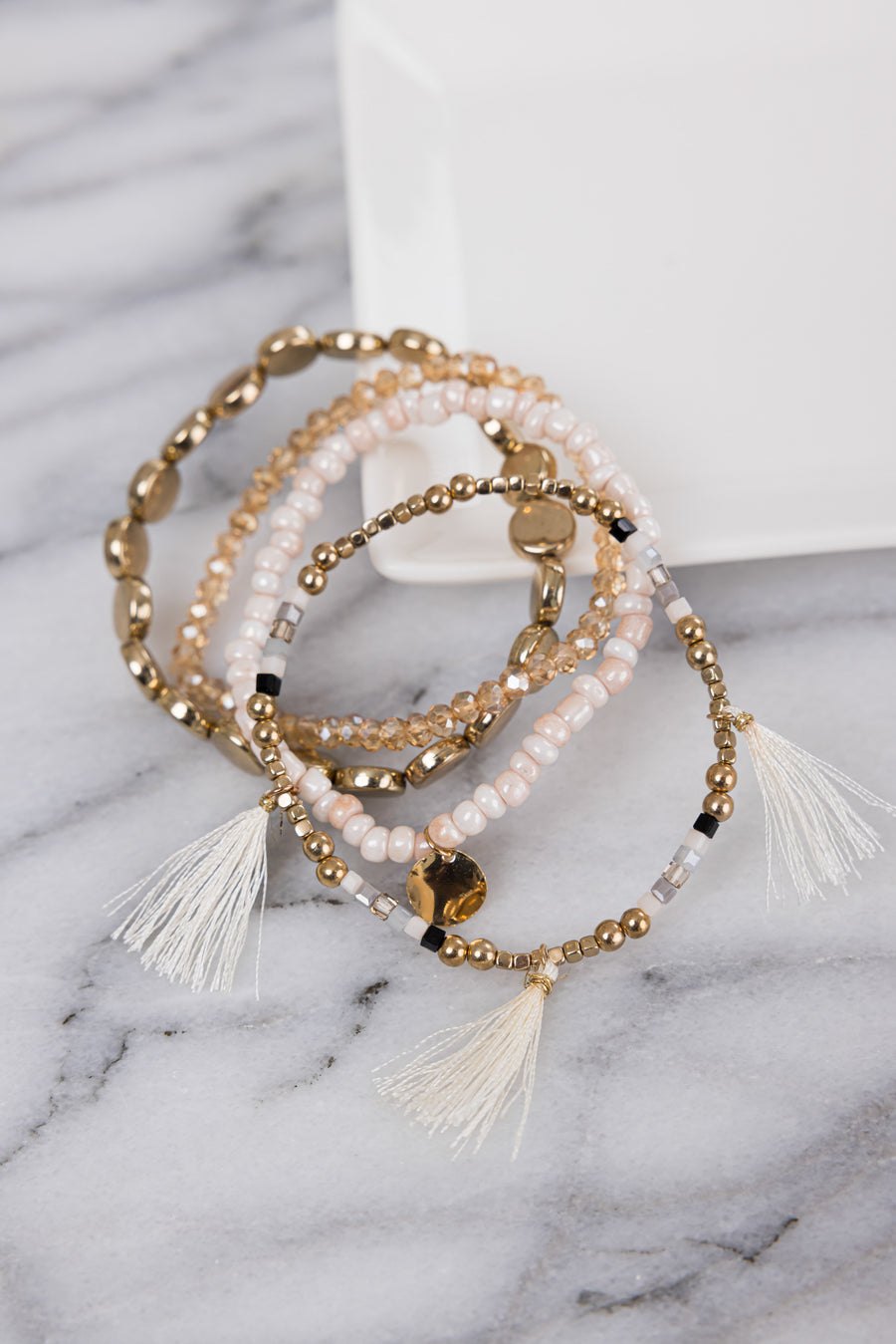 Gold and Blush Assorted Bead Elastic Bracelet Set