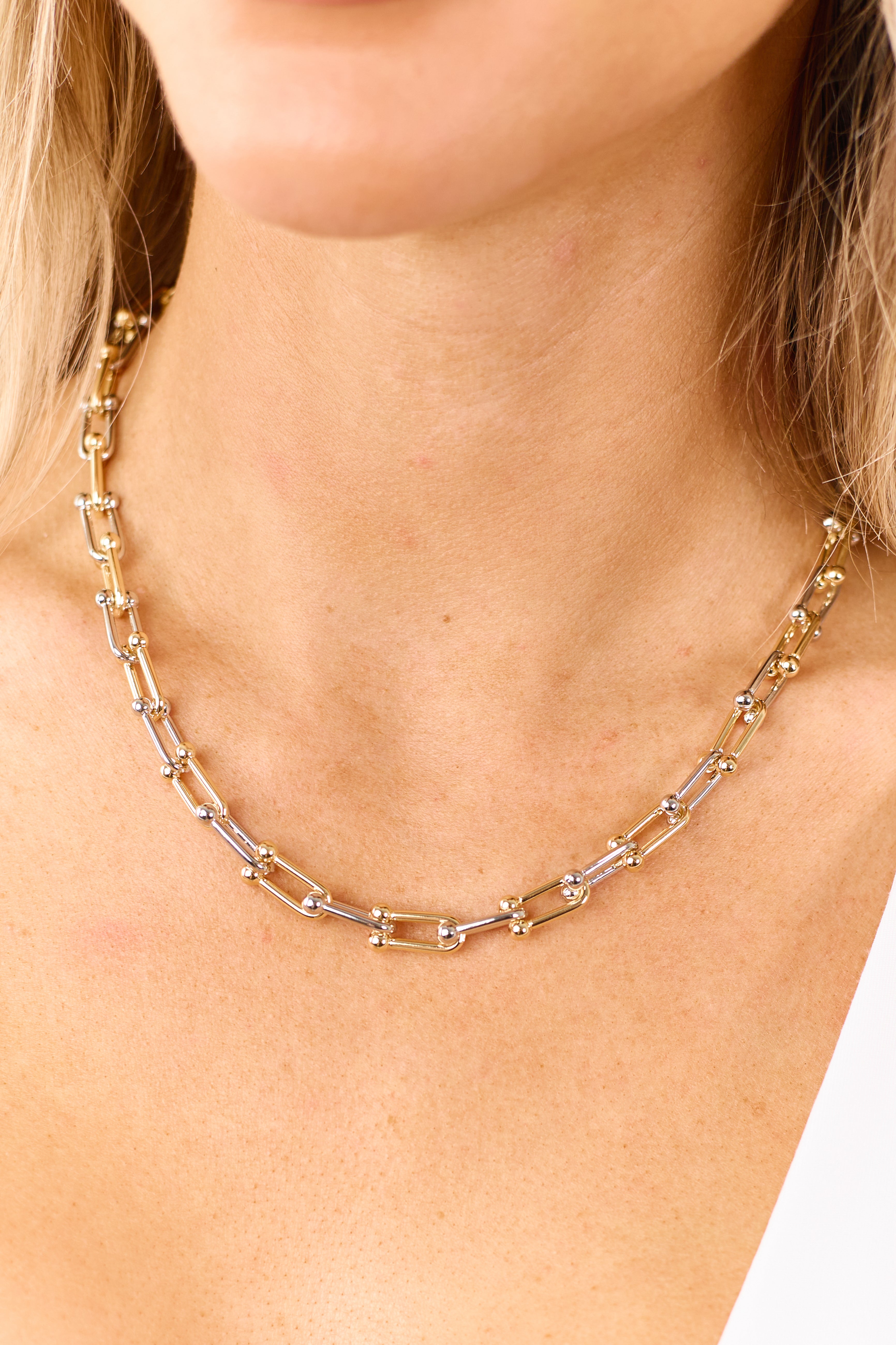 Gold and Silver Two Tone U Chain Link Necklace