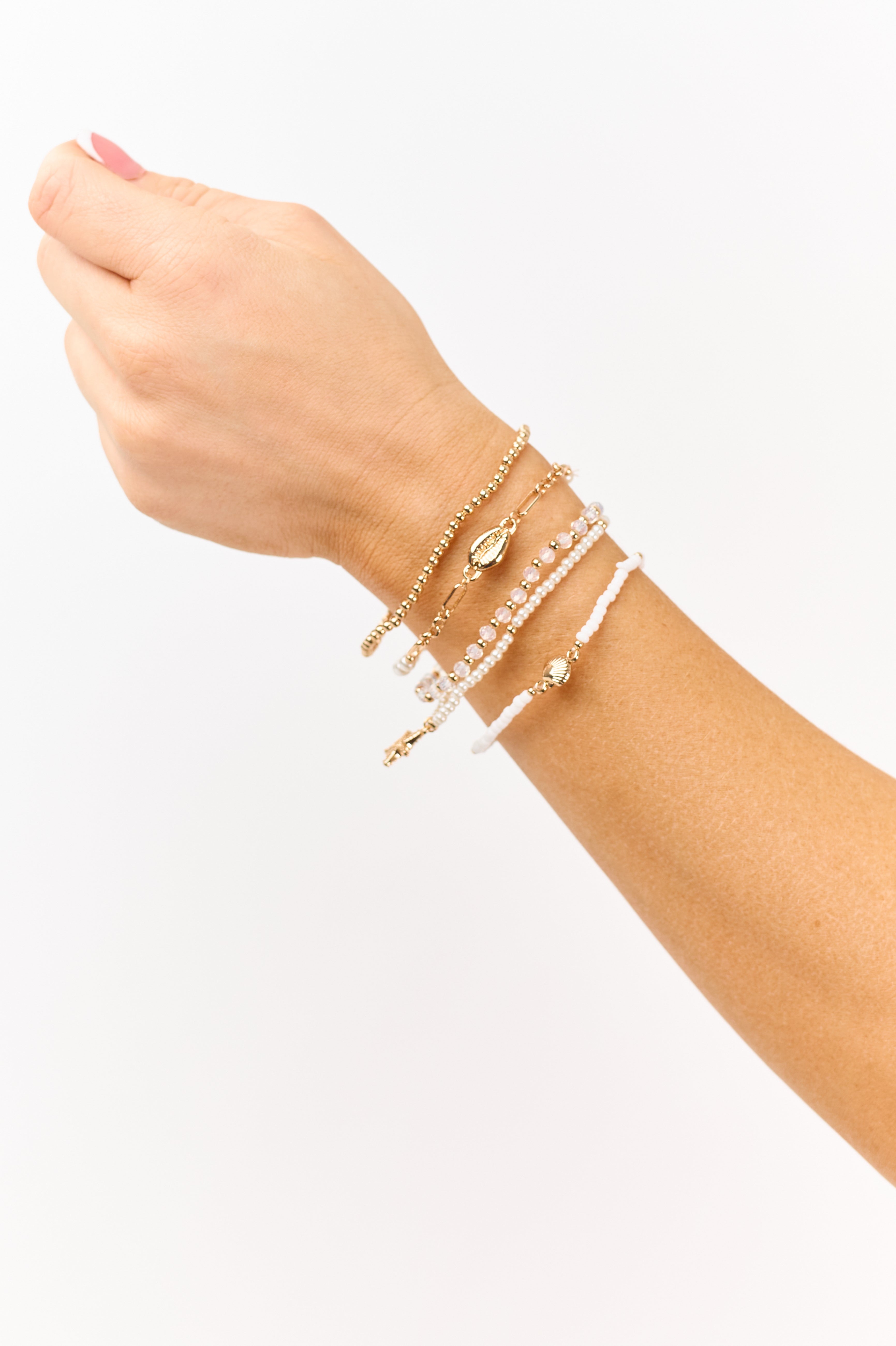 Gold and White Beaded Seashell Pendant Bracelet Set