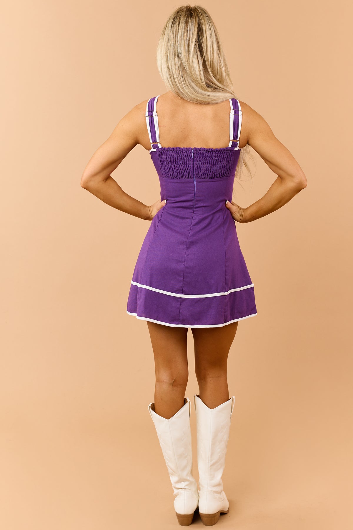 Grape Purple Linen Blend Contrast Binding Mini Dress