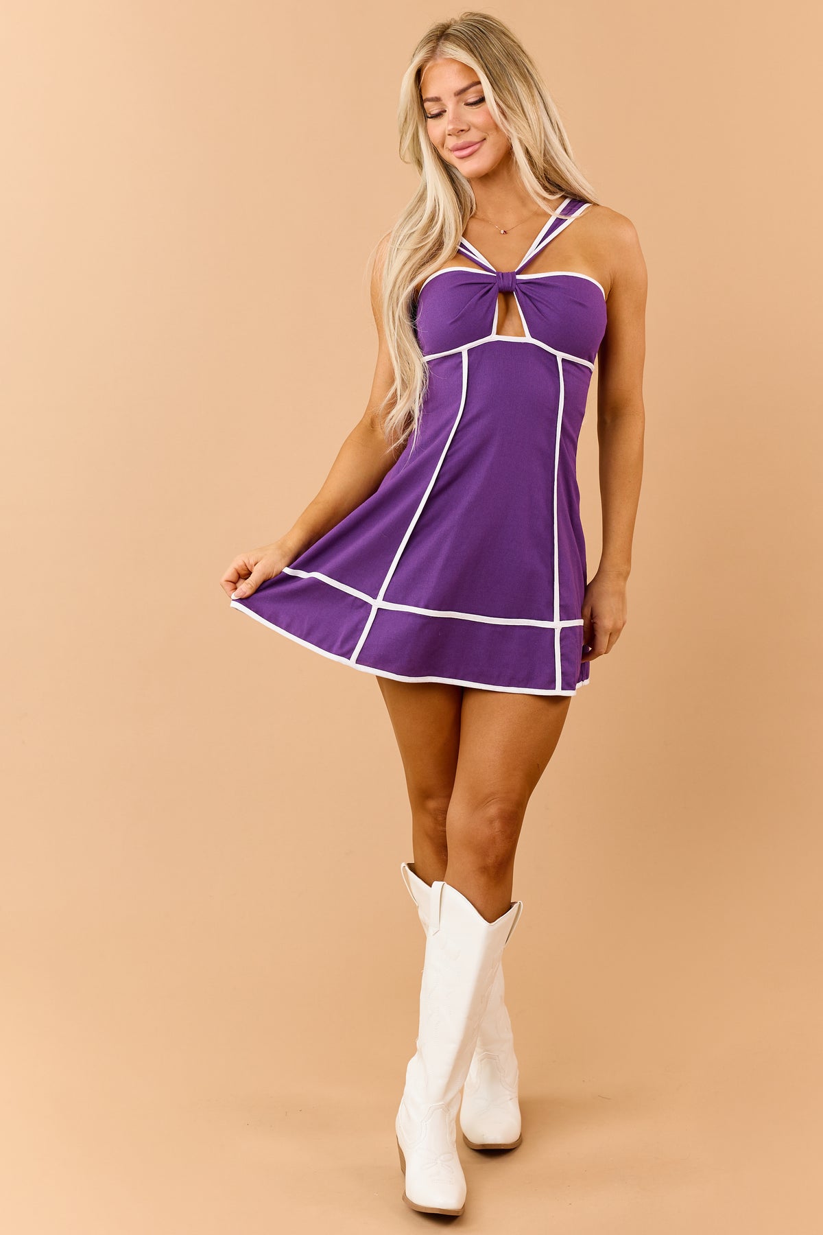 Grape Purple Linen Blend Contrast Binding Mini Dress