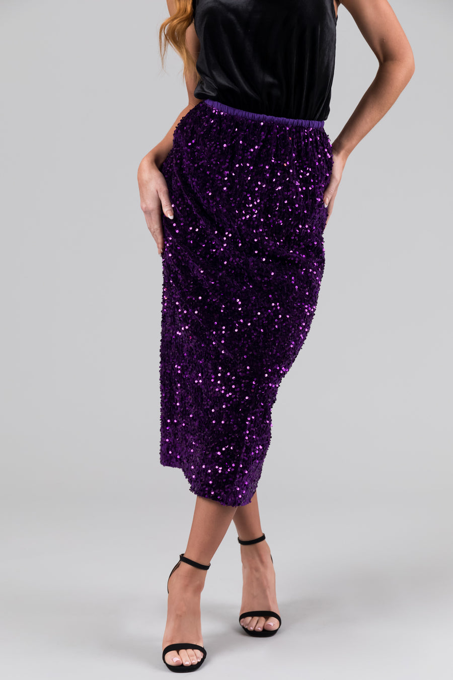 Grape Velvet Sequined Elastic Midi Skirt