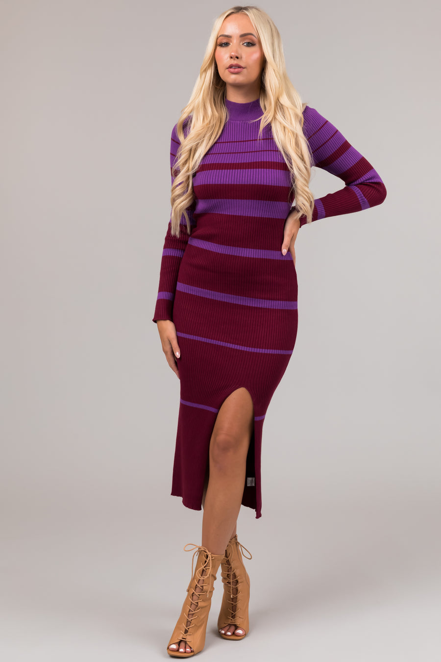 Grape and Plum Striped Sweater Midi Dress