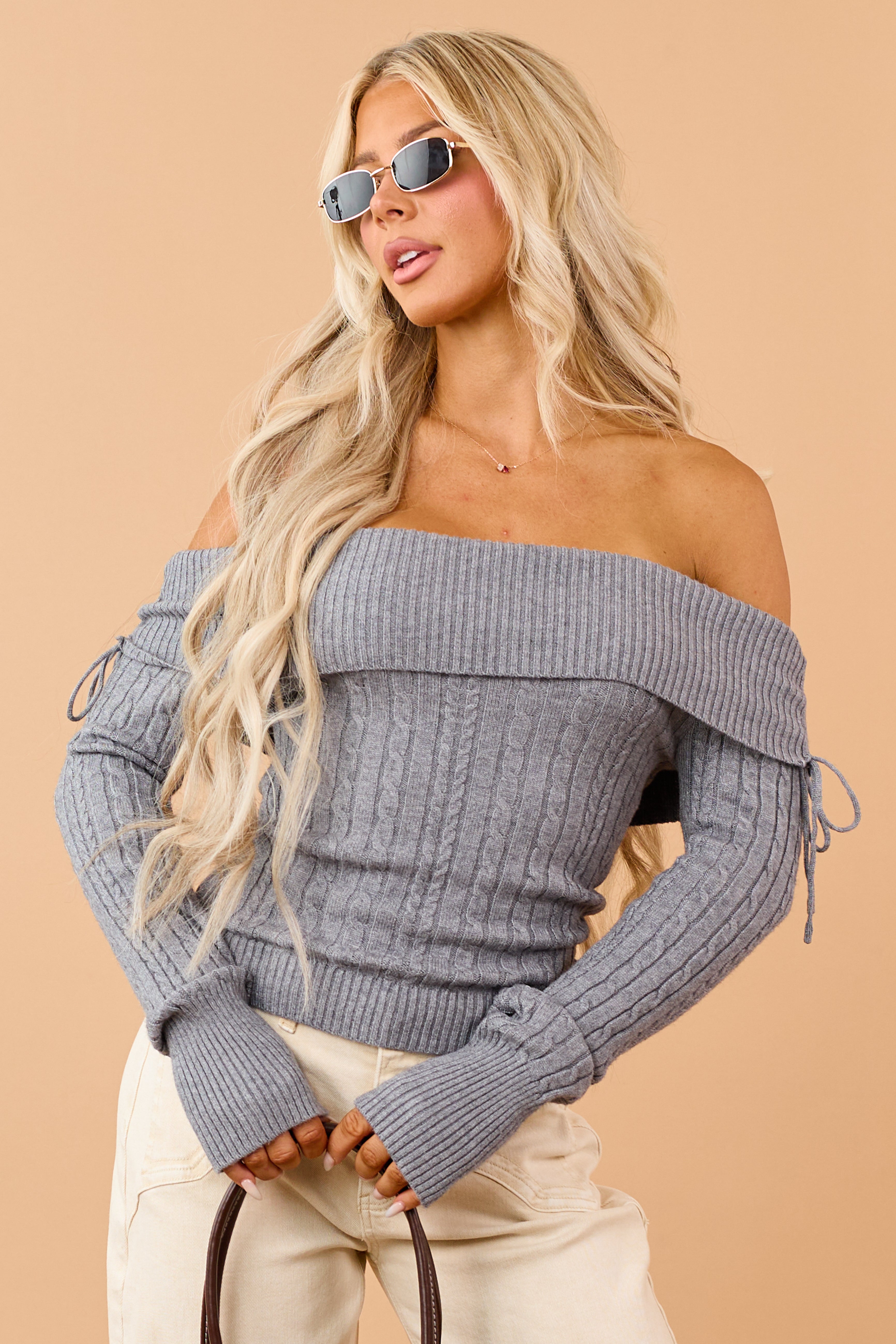 Graphite Cable Knit Off Shoulder Long Sleeve Sweater