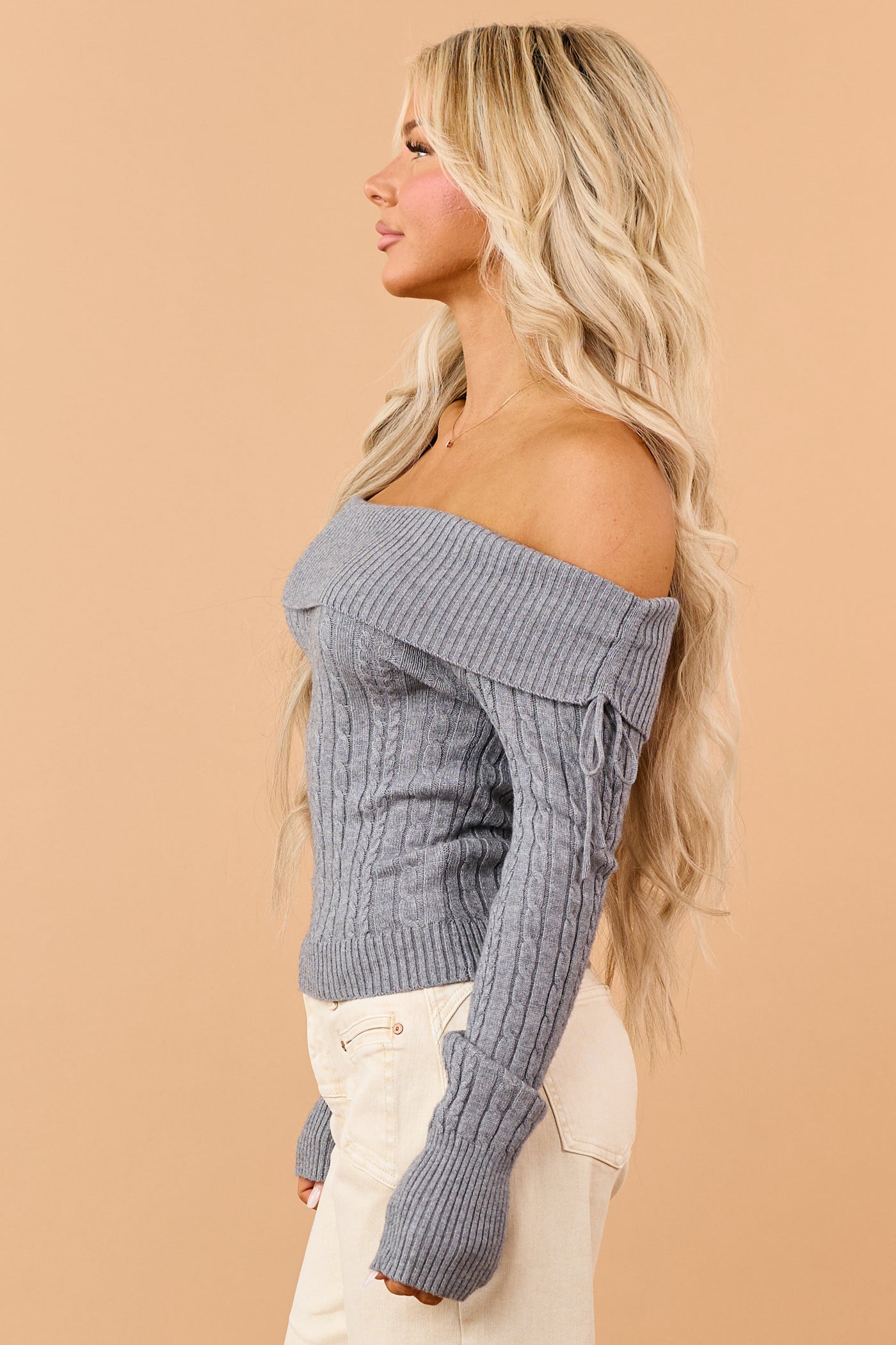 Graphite Cable Knit Off Shoulder Long Sleeve Sweater