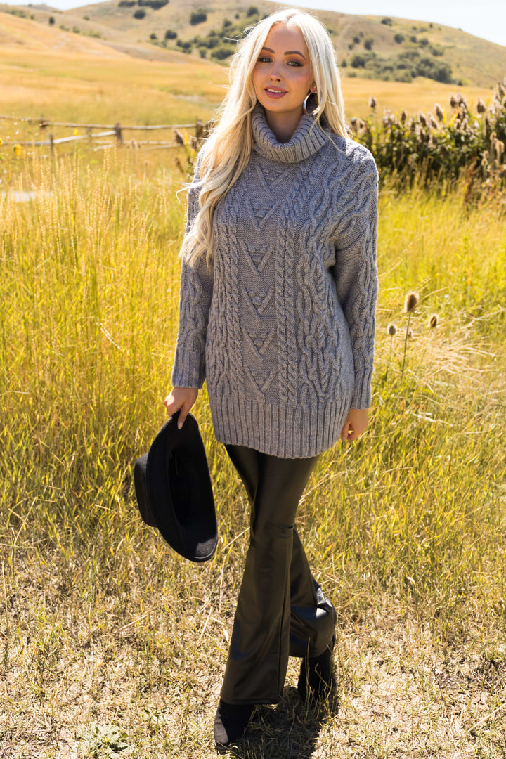 Graphite Cable Knit Turtleneck Sweater Dress