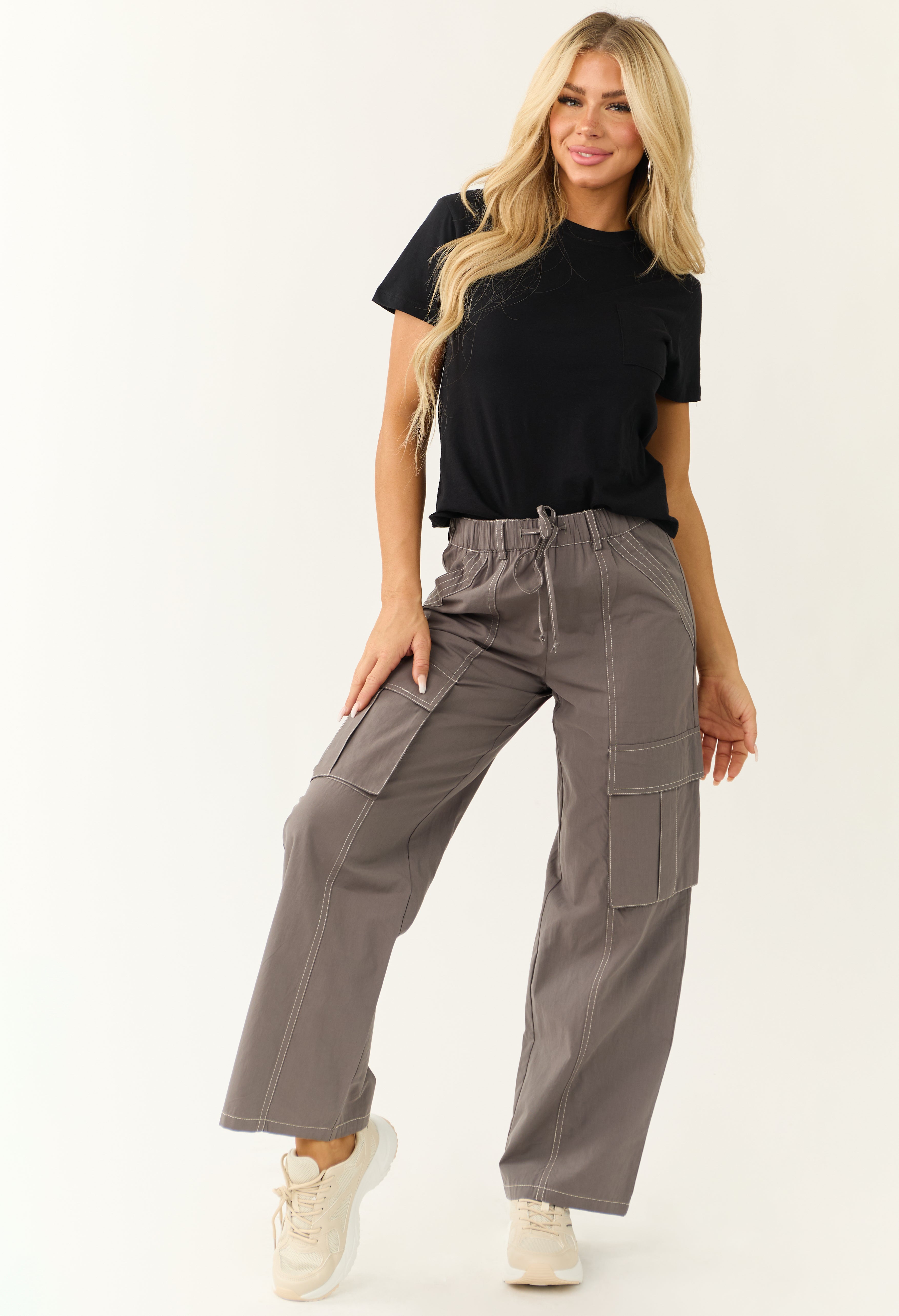 Graphite Exposed Seam Wide Leg Cargo Pants | Lime Lush Boutique
