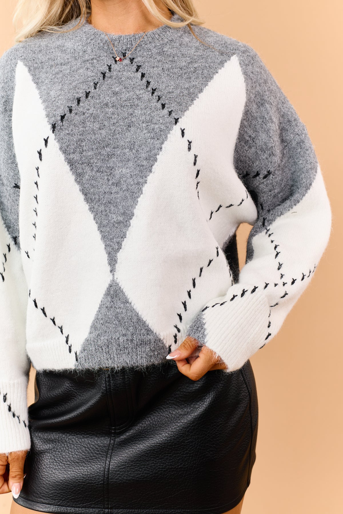 Graphite Grey Argyle Yarn Stitch Wool Blend Sweater