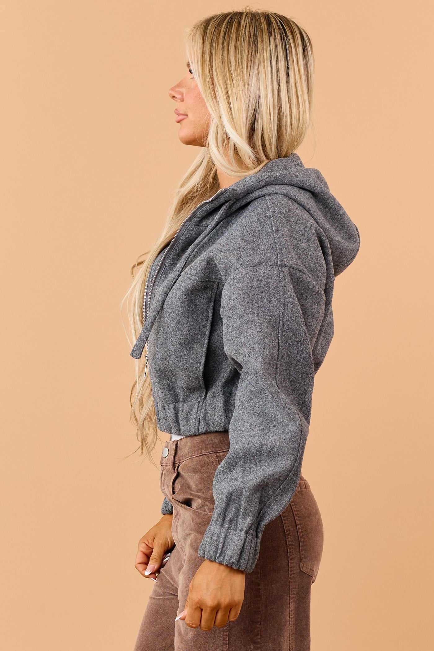Graphite Grey Cropped Hooded Zip Up Jacket