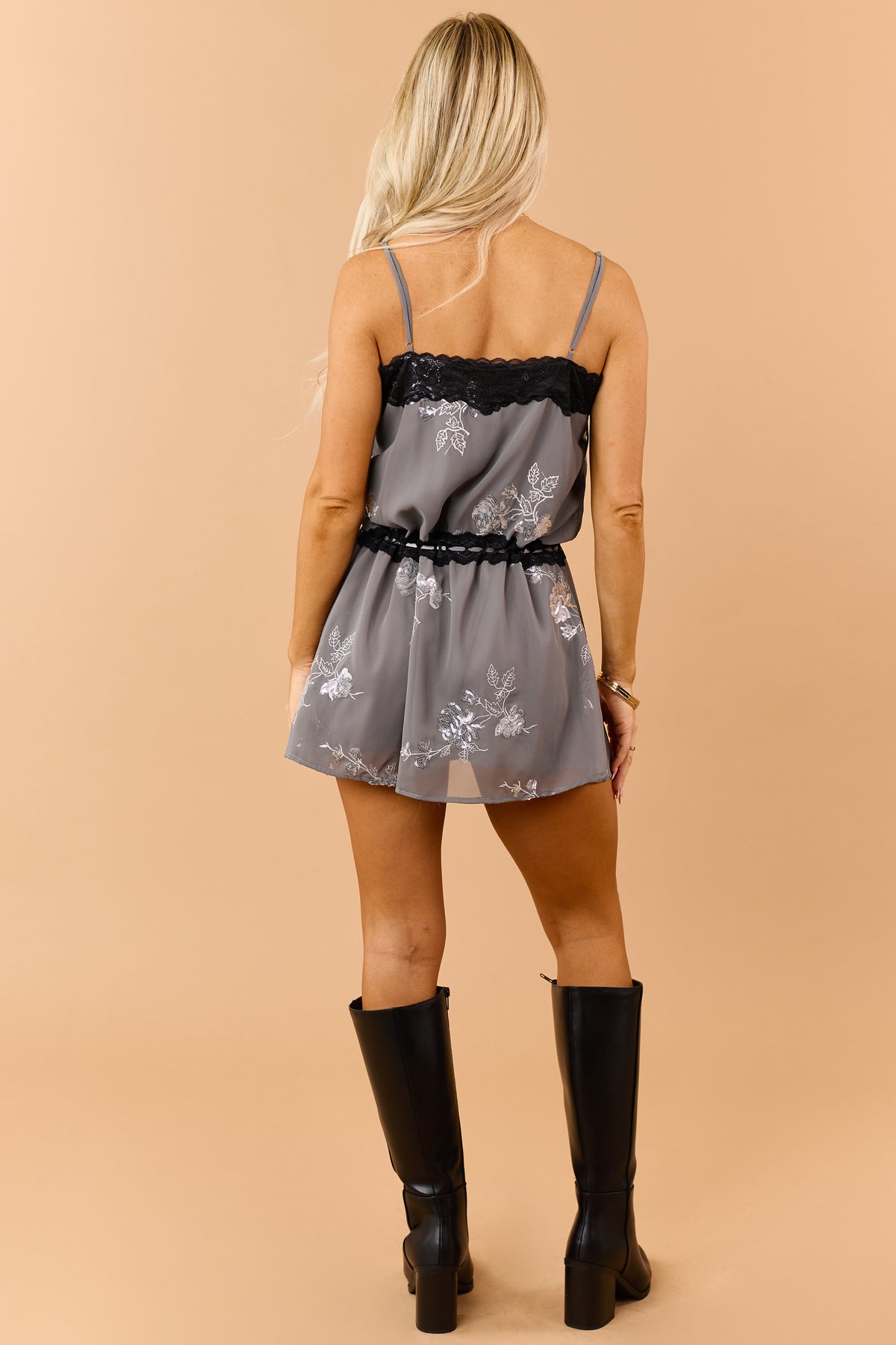 Graphite Grey Floral Sequin Embroidered Mini Dress