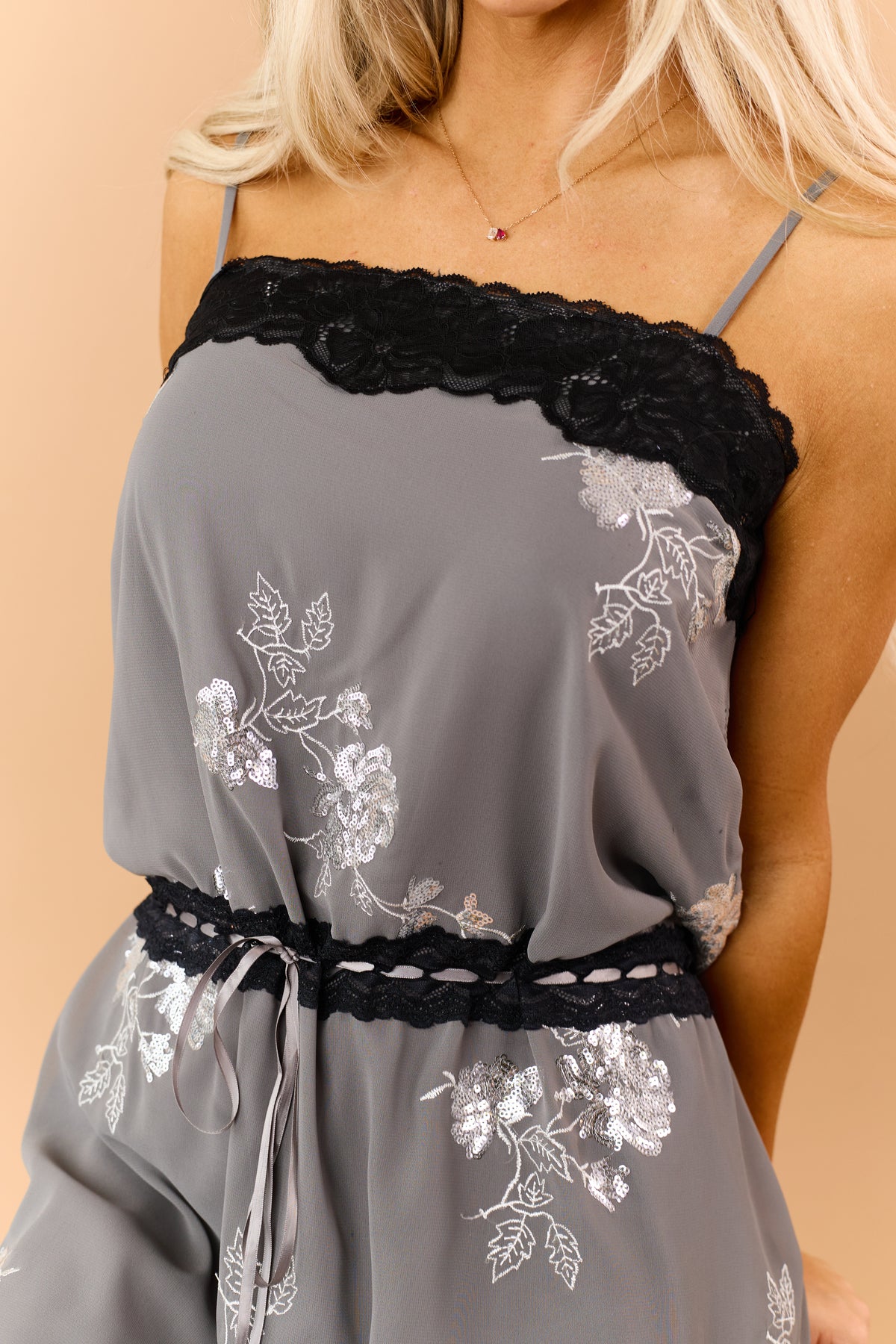 Graphite Grey Floral Sequin Embroidered Mini Dress