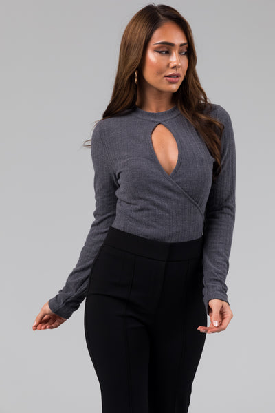 Graphite Knit Long Sleeve Keyhole Neck Bodysuit