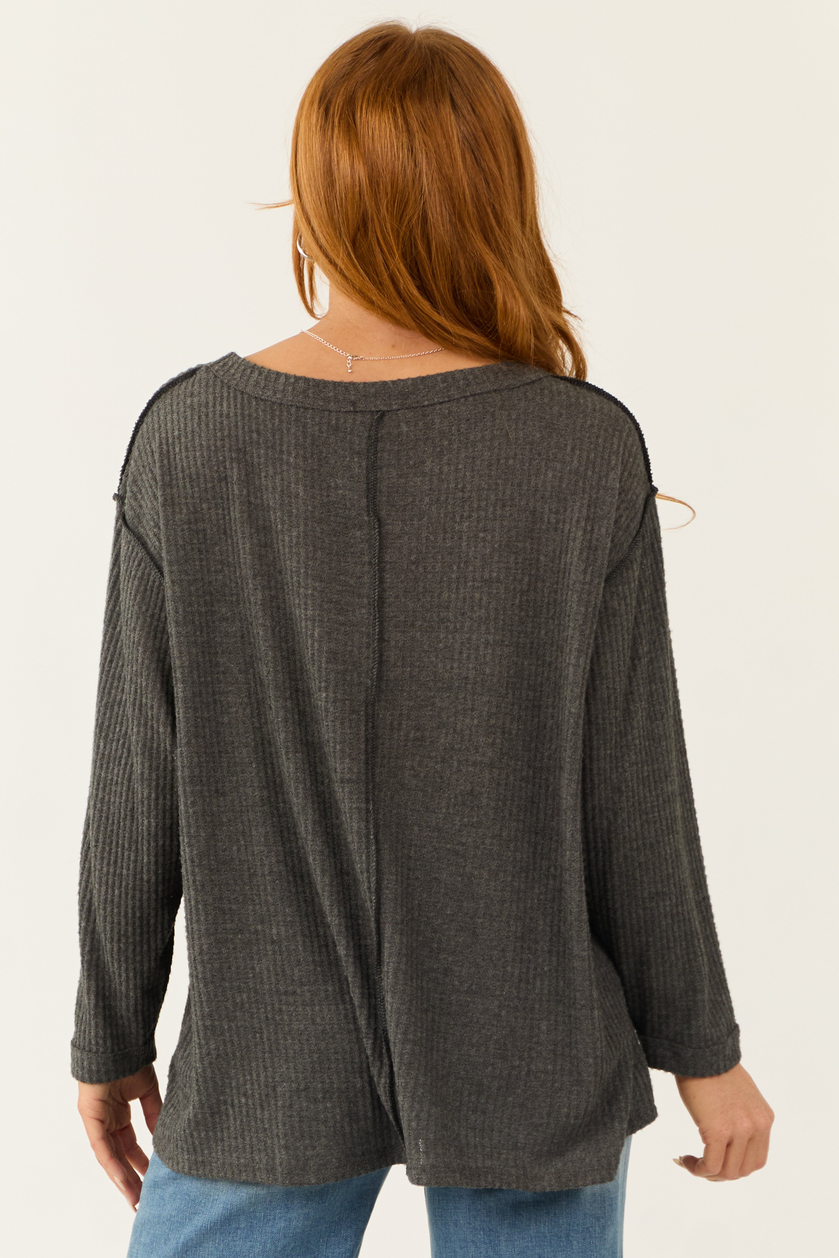 Graphite Long Sleeve Round Neck Waffle Knit Top | Lime Lush Boutique