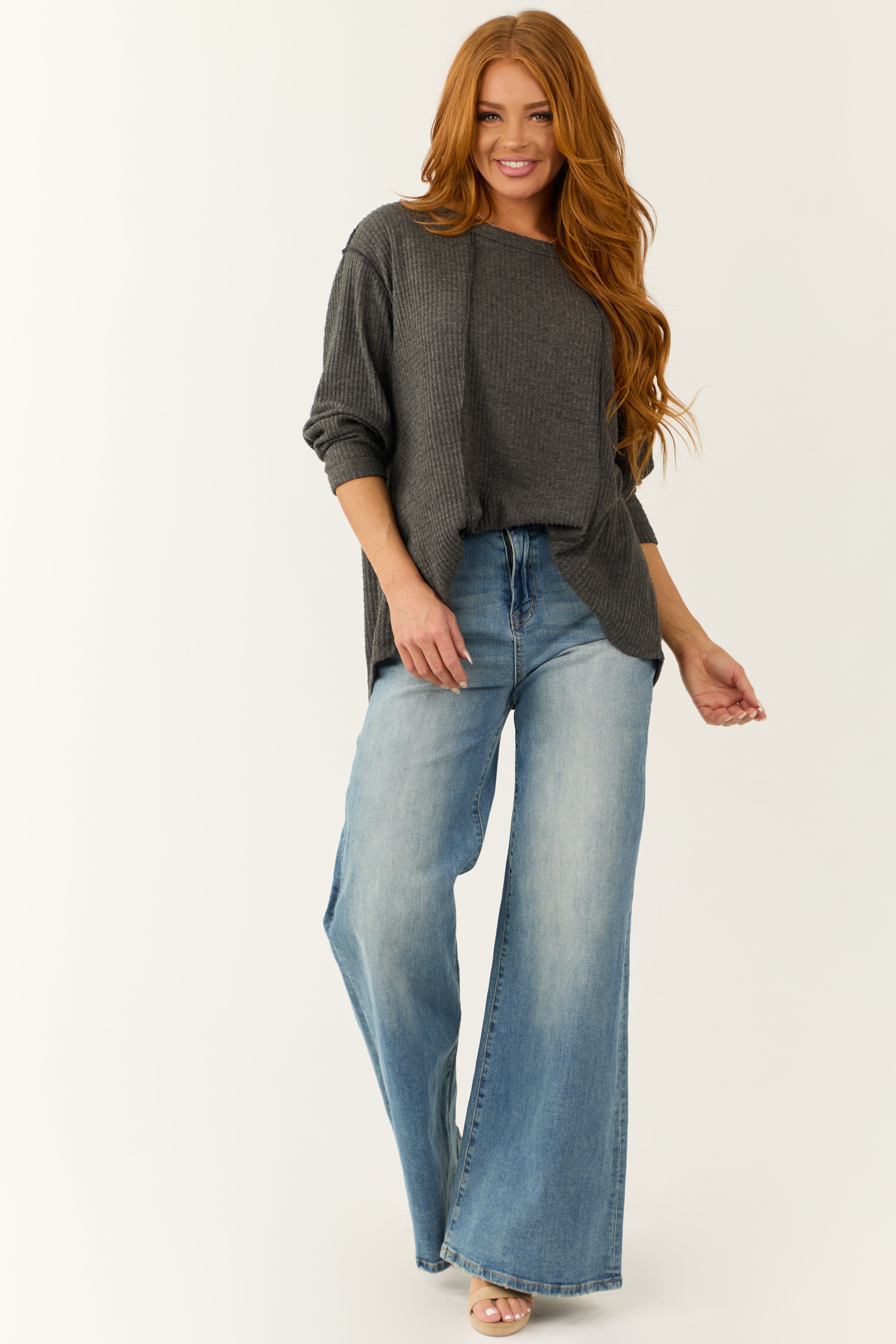 Graphite Long Sleeve Round Neck Waffle Knit Top | Lime Lush Boutique