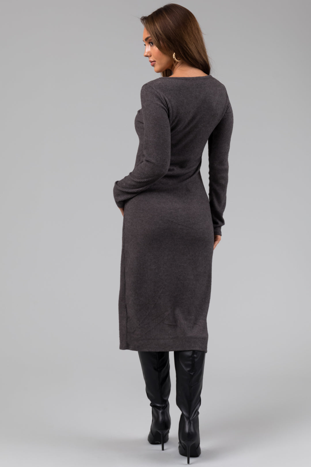Graphite Long Sleeve V Neck Soft Knit Midi Dress