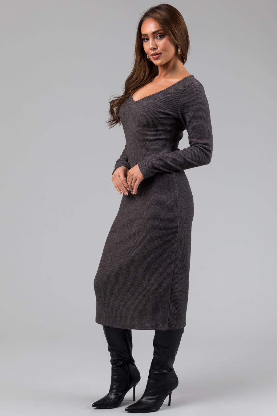 Graphite Long Sleeve V Neck Soft Knit Midi Dress