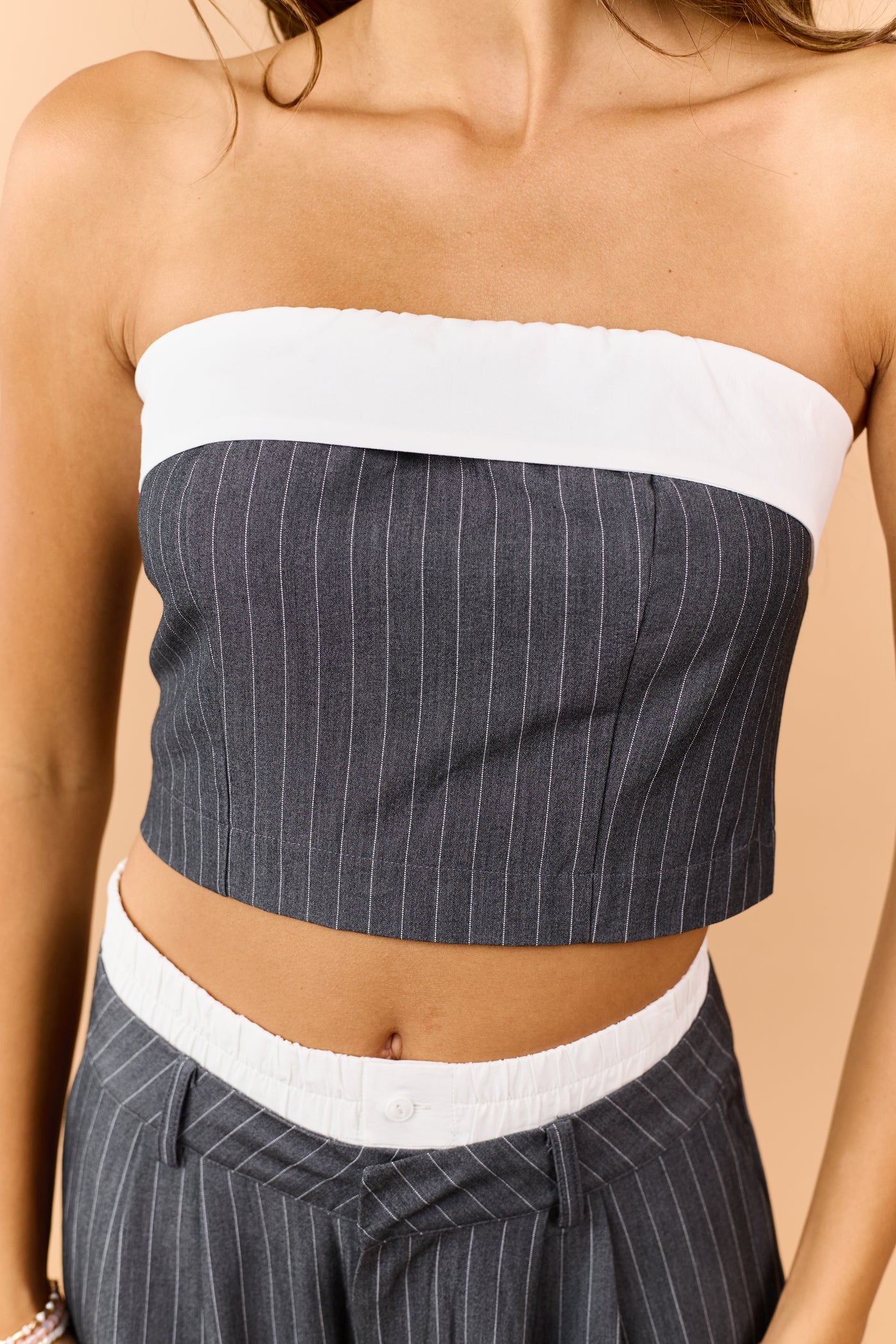 Graphite Pin Stripe Strapless Top and Pant Set