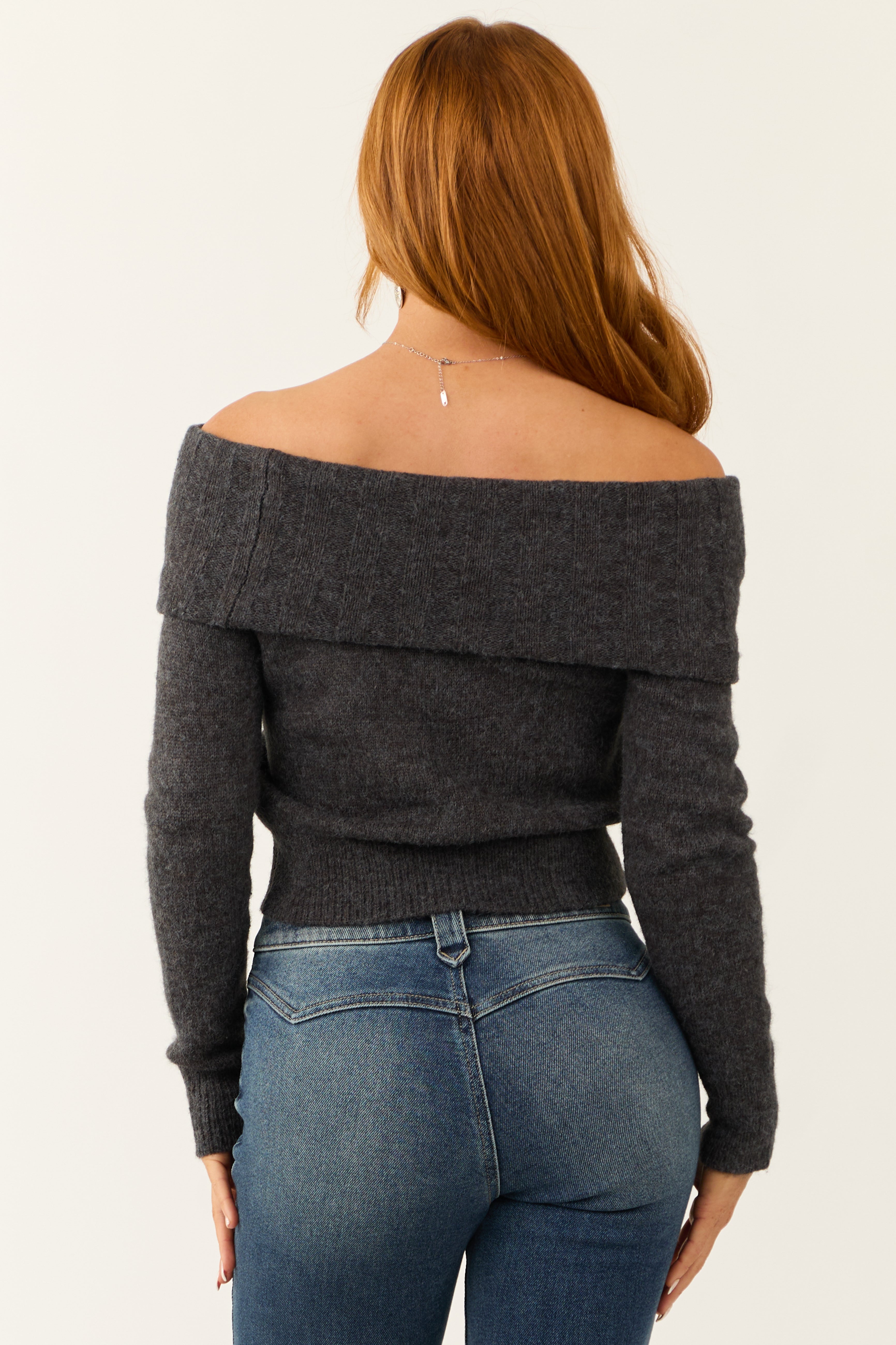 Graphite Soft Off Shoulder Neckline Sweater | Lime Lush Boutique