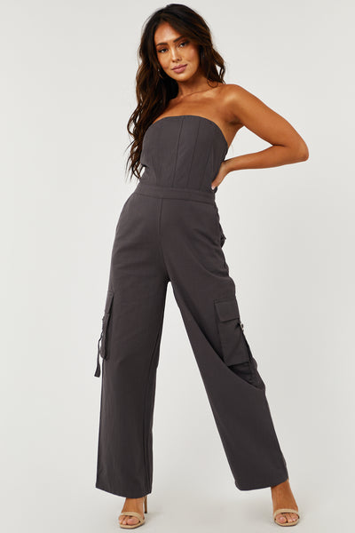 Graphite Strapless Bustier Cargo Jumpsuit