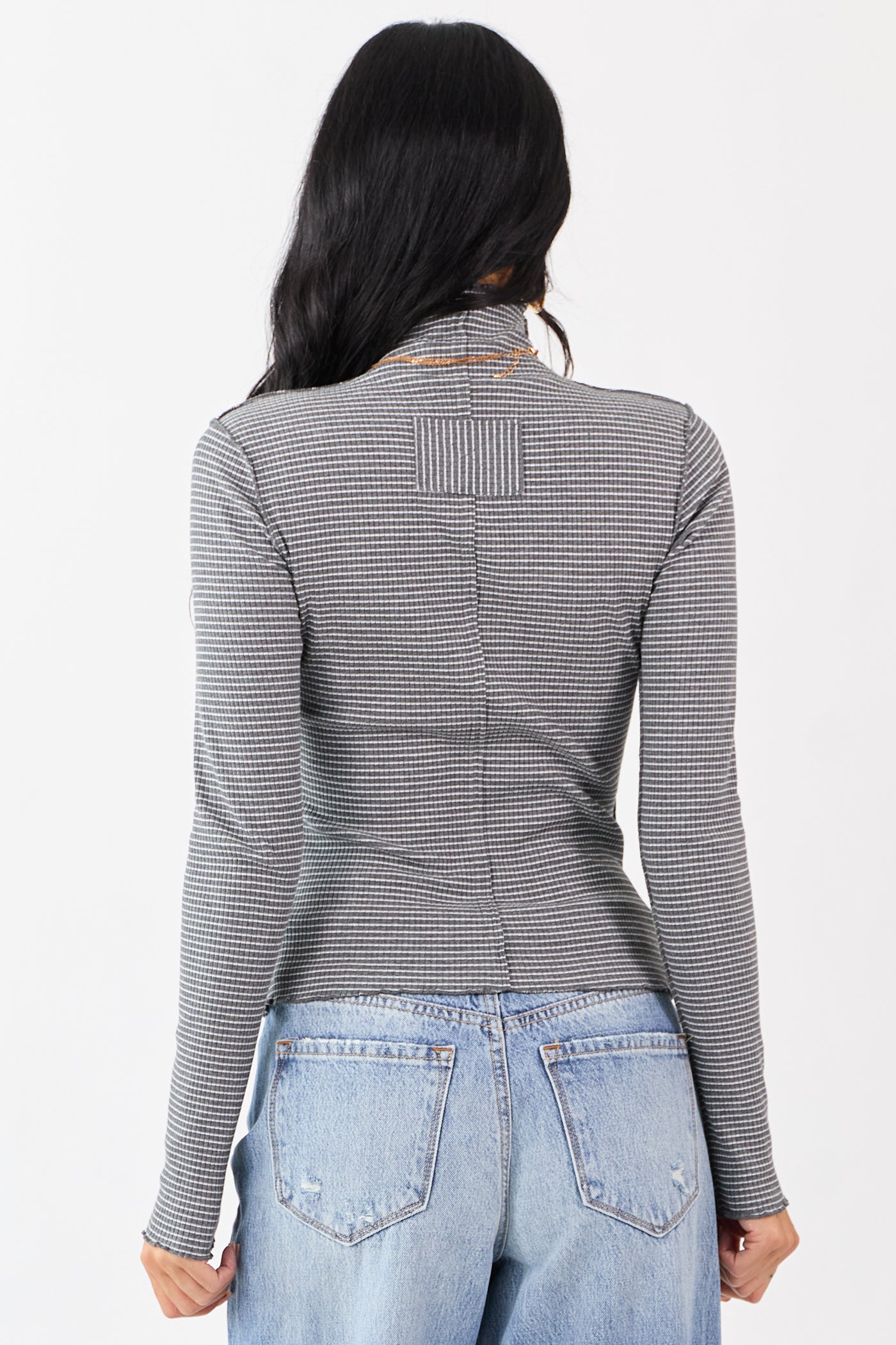 Graphite Striped Ribbed Knit Long Sleeve Mock Neck Top