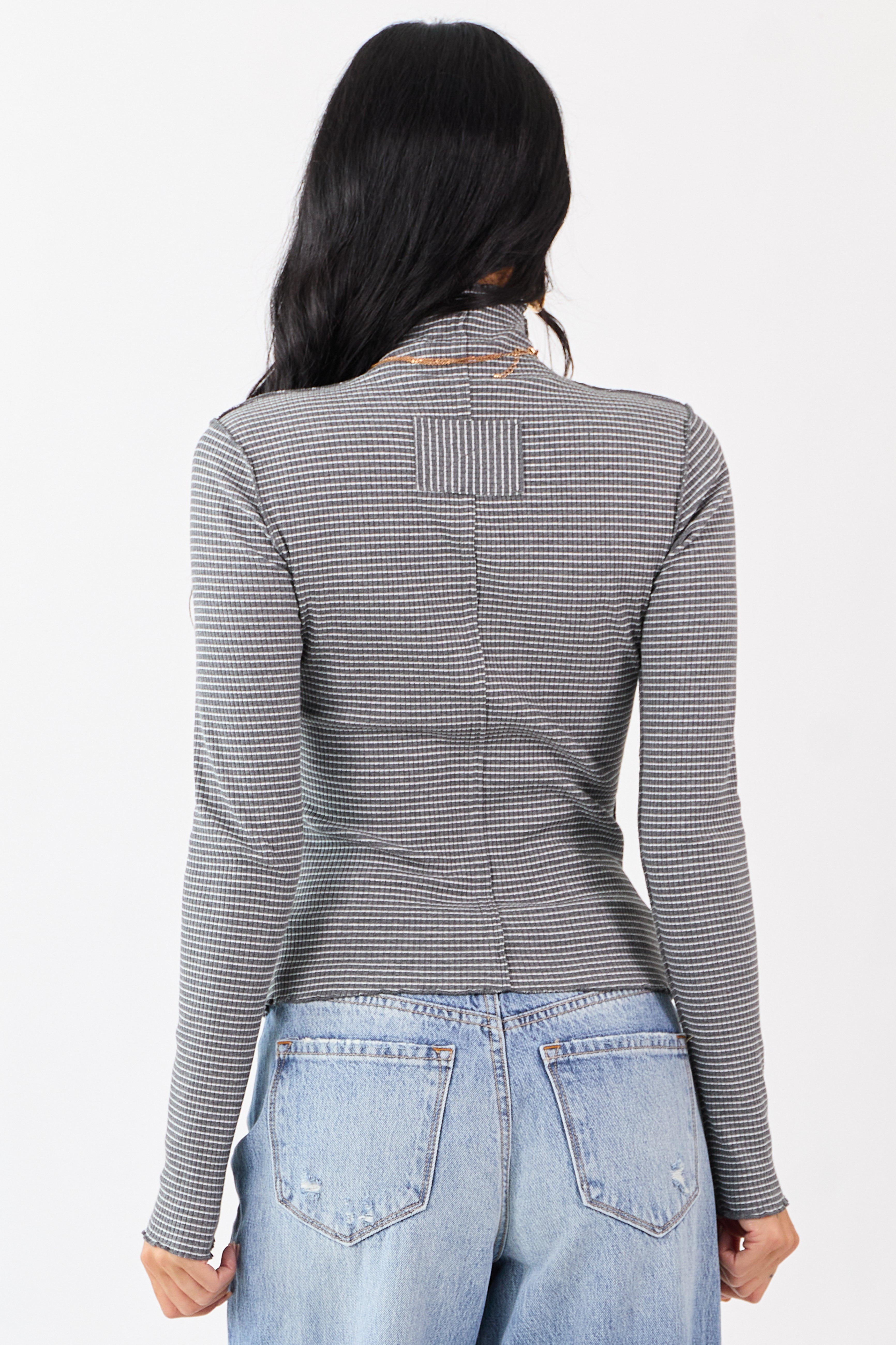 Graphite Striped Ribbed Knit Long Sleeve Mock Neck Top
