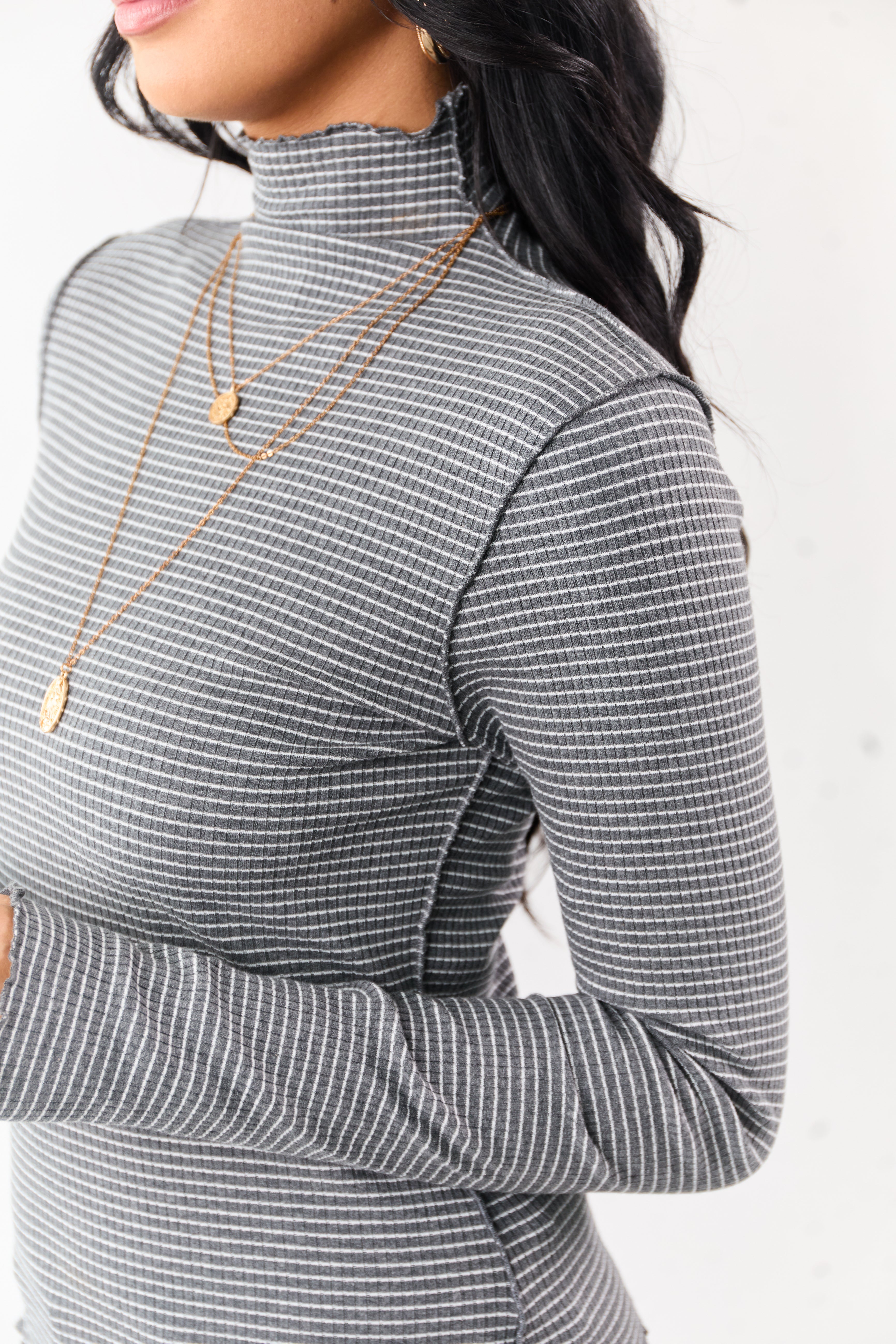Graphite Striped Ribbed Knit Long Sleeve Mock Neck Top