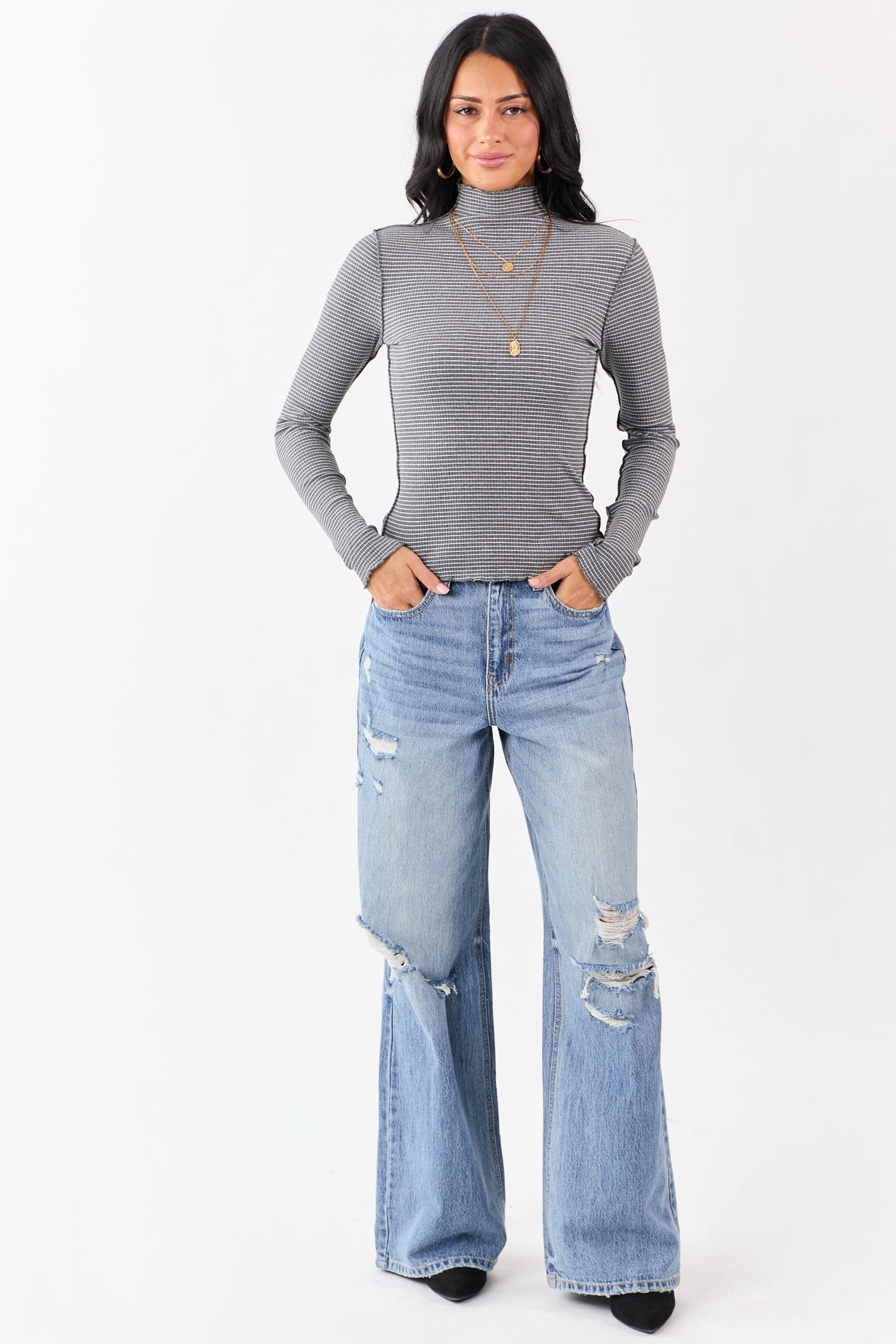 Graphite Striped Ribbed Knit Long Sleeve Mock Neck Top