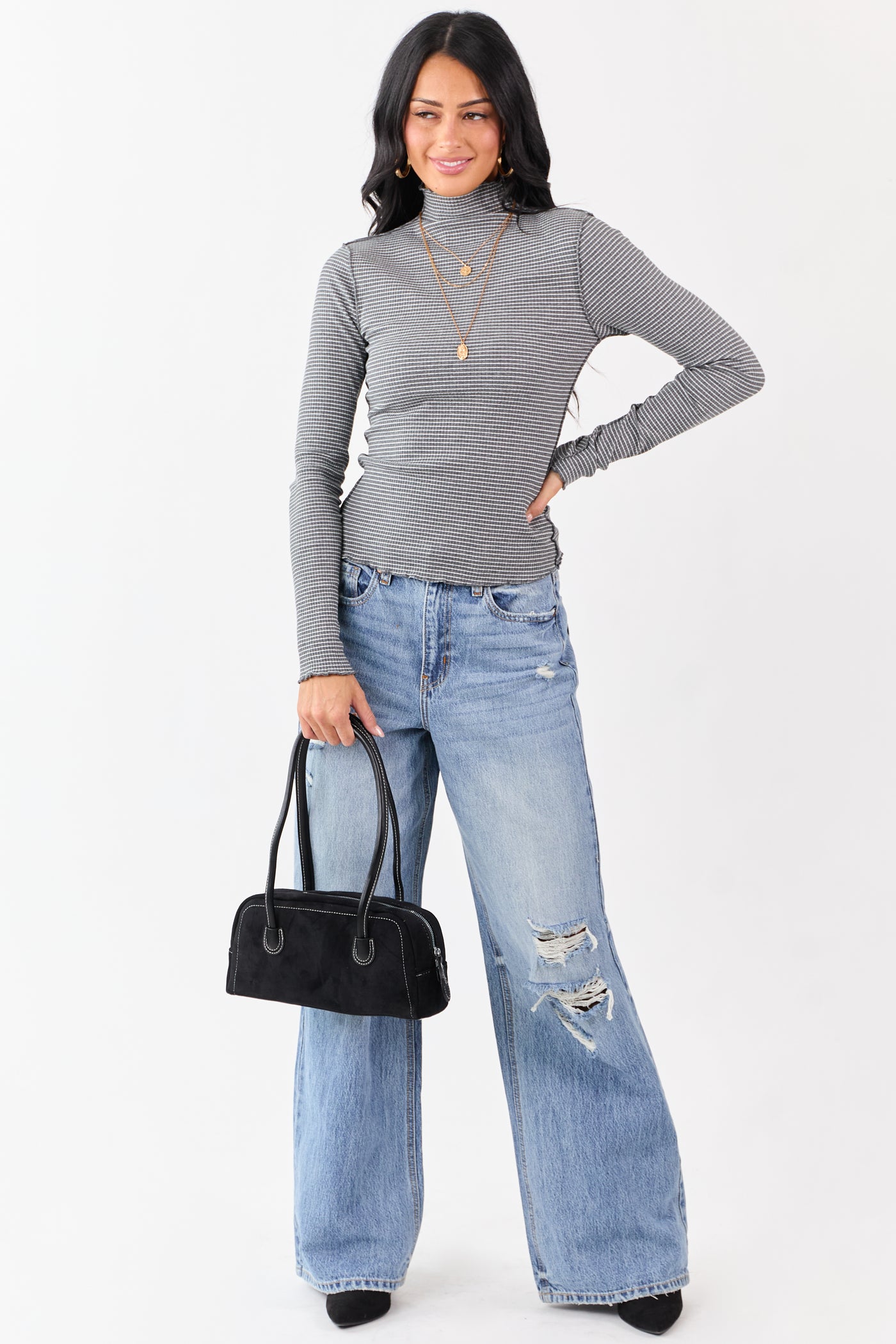 Graphite Striped Ribbed Knit Long Sleeve Mock Neck Top