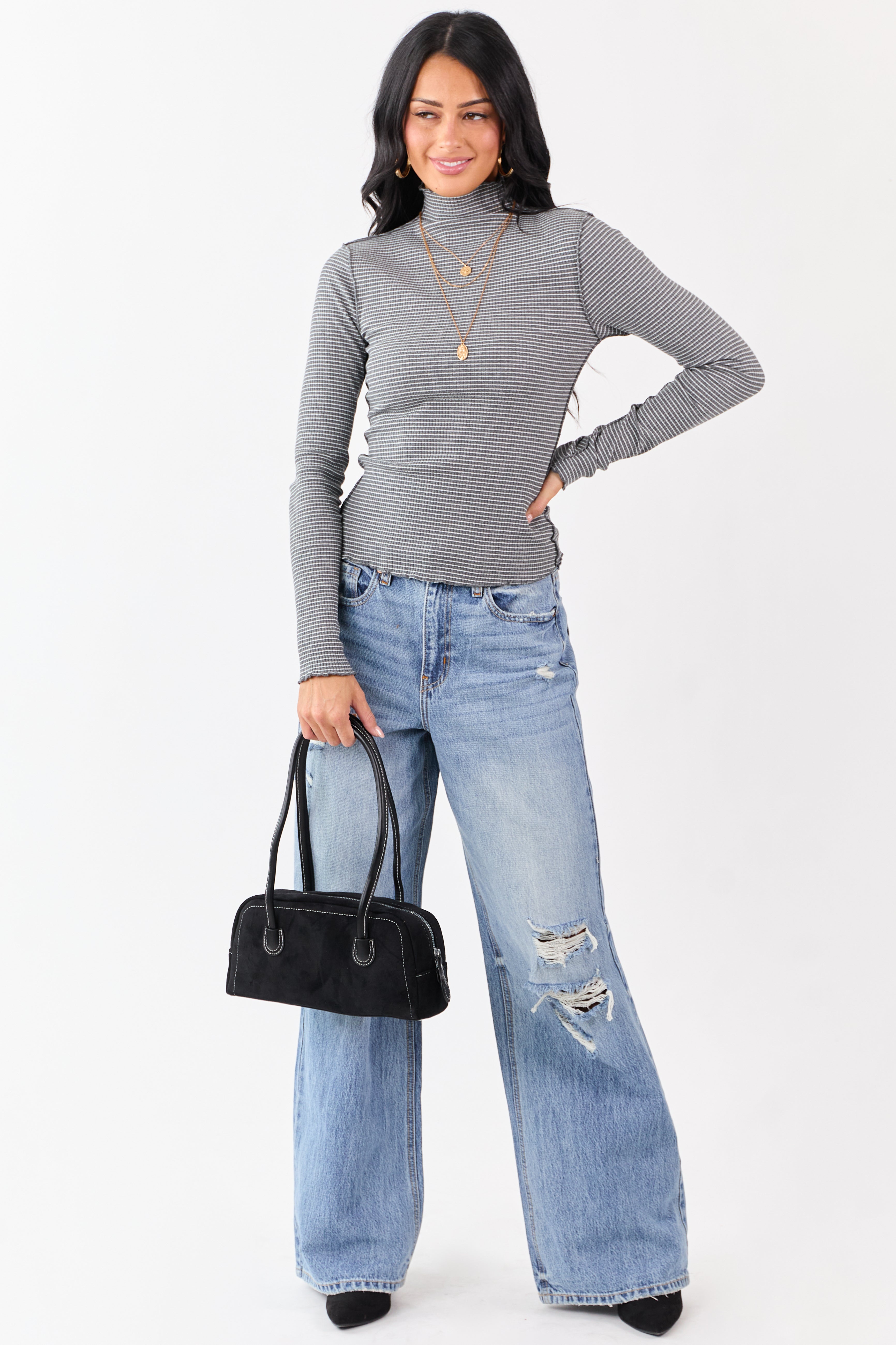 Graphite Striped Ribbed Knit Long Sleeve Mock Neck Top
