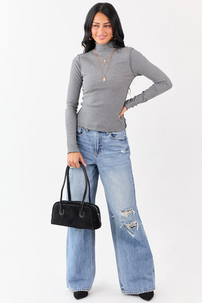 Graphite Striped Ribbed Knit Long Sleeve Mock Neck Top