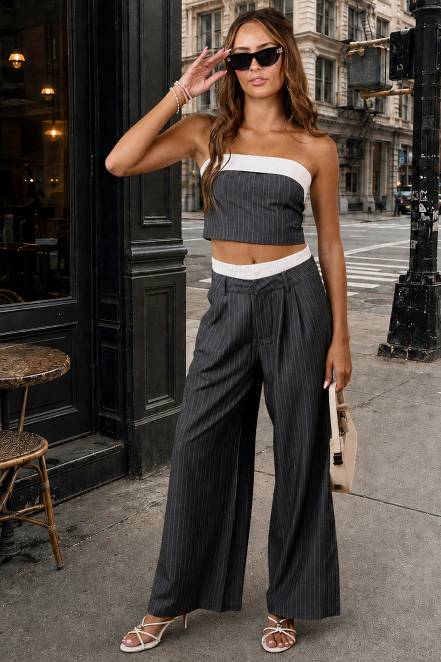 Graphite Pin Stripe Strapless Top and Pant Set