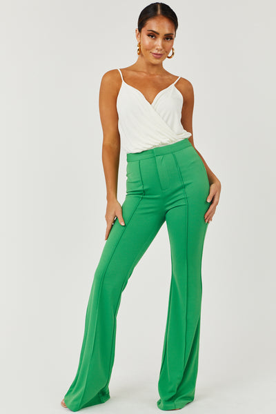 Green High Rise Flare Pants with Seam Detail